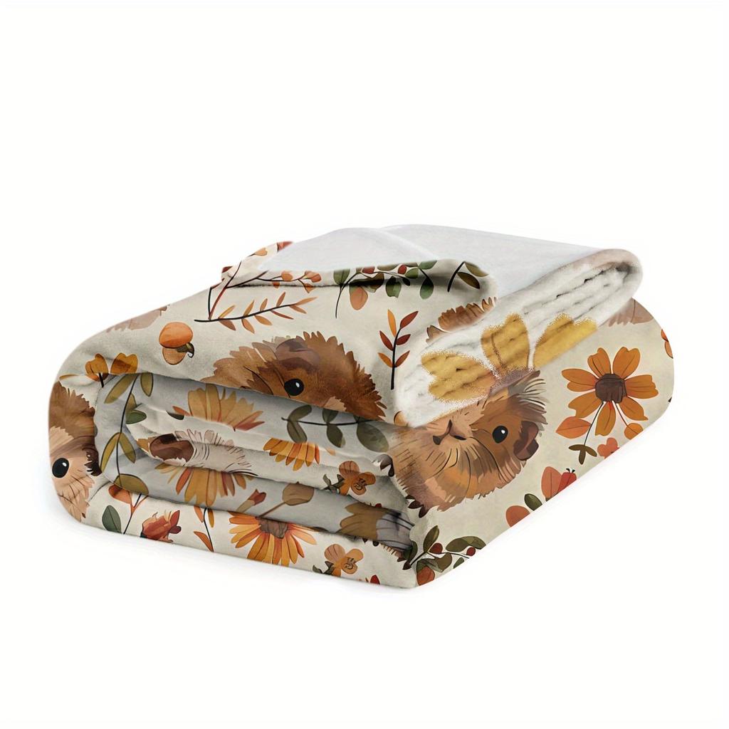 1pc Cozy Flannel Blanket with Adorable Guinea Pig & Floral Design - Soft Warm Throw for Sofa, Bed, Office - All-Season Gift