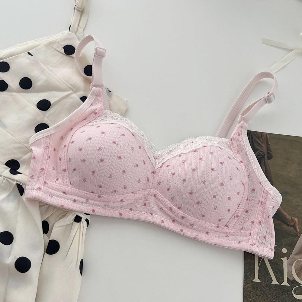 Girls floral underwear, women's small breasts gather without steel rings, close secondary breasts, anti-sagging student bra cover, cream blue