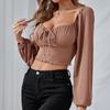 Sexy slim-fit low-cut open-button shirt short top, lantern sleeve drawstring, fungus edge knitted long-sleeved T-shirt