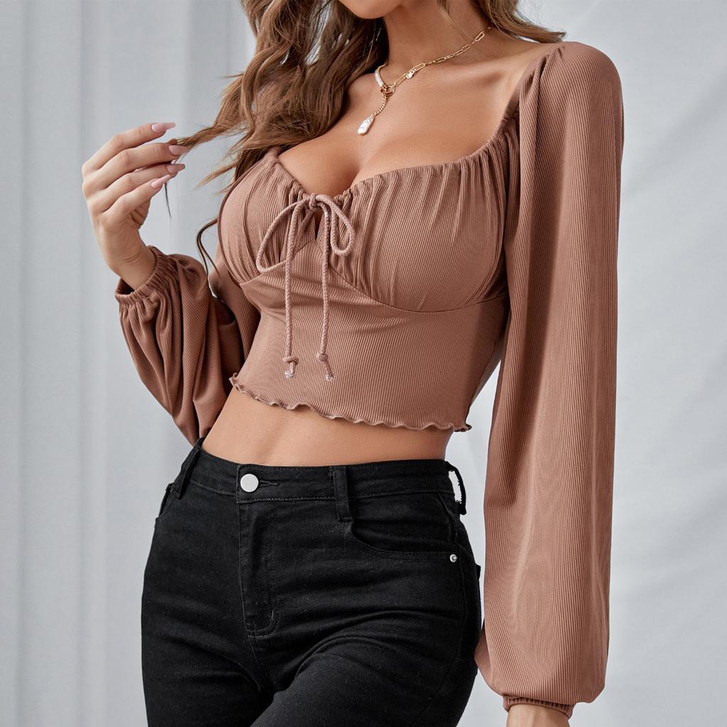 Sexy slim-fit low-cut open-button shirt short top, lantern sleeve drawstring, fungus edge knitted long-sleeved T-shirt