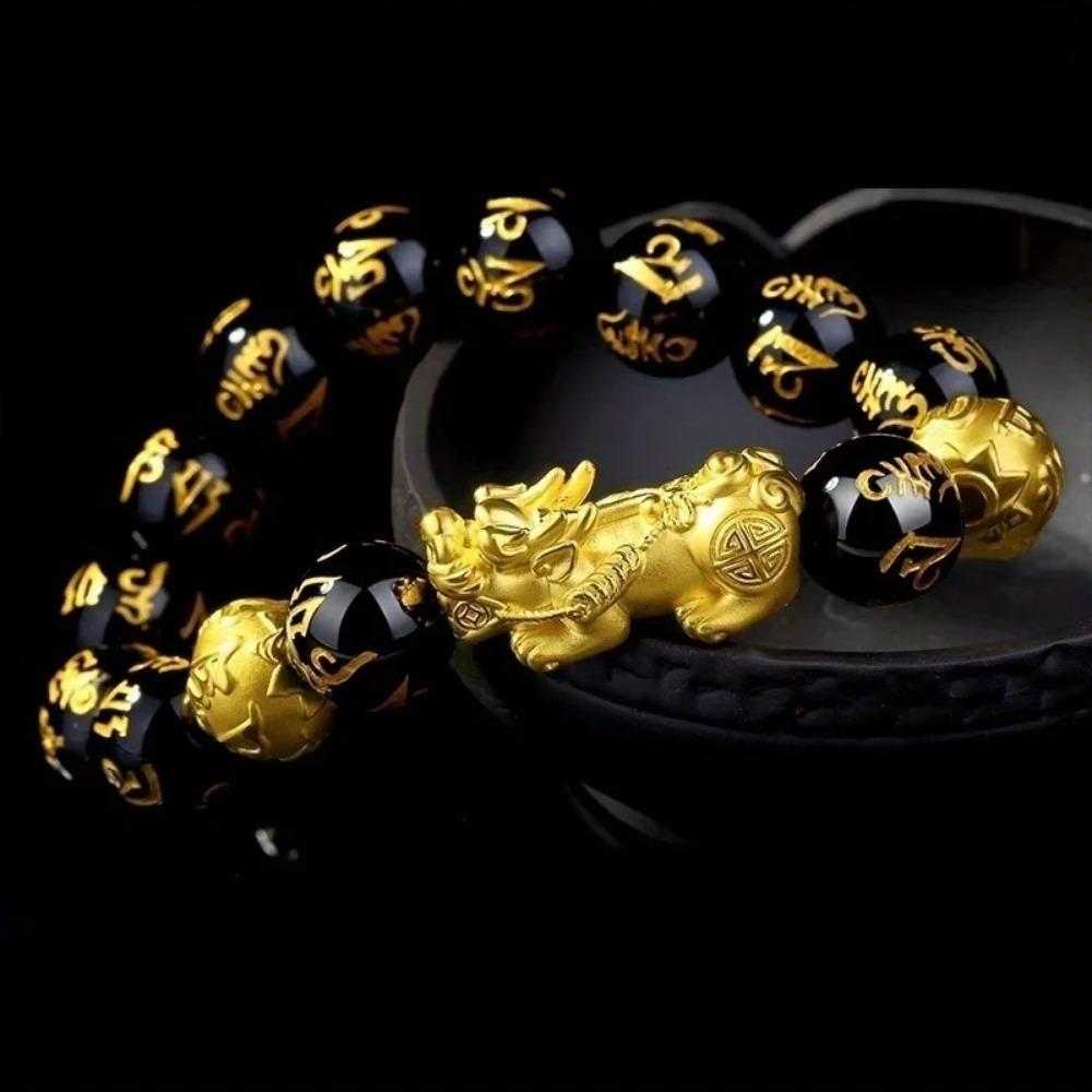 1 bracelet en perles de pierre d'obsidienne, bracelet Pixiu noir, bracelet de richesse, bracelets porte-bonheur pour femmes et hommes