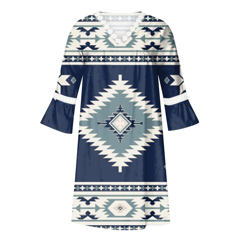 Fashion Women's V-neck Printed Lace Patchwork Bohemian Casual Resort Dress