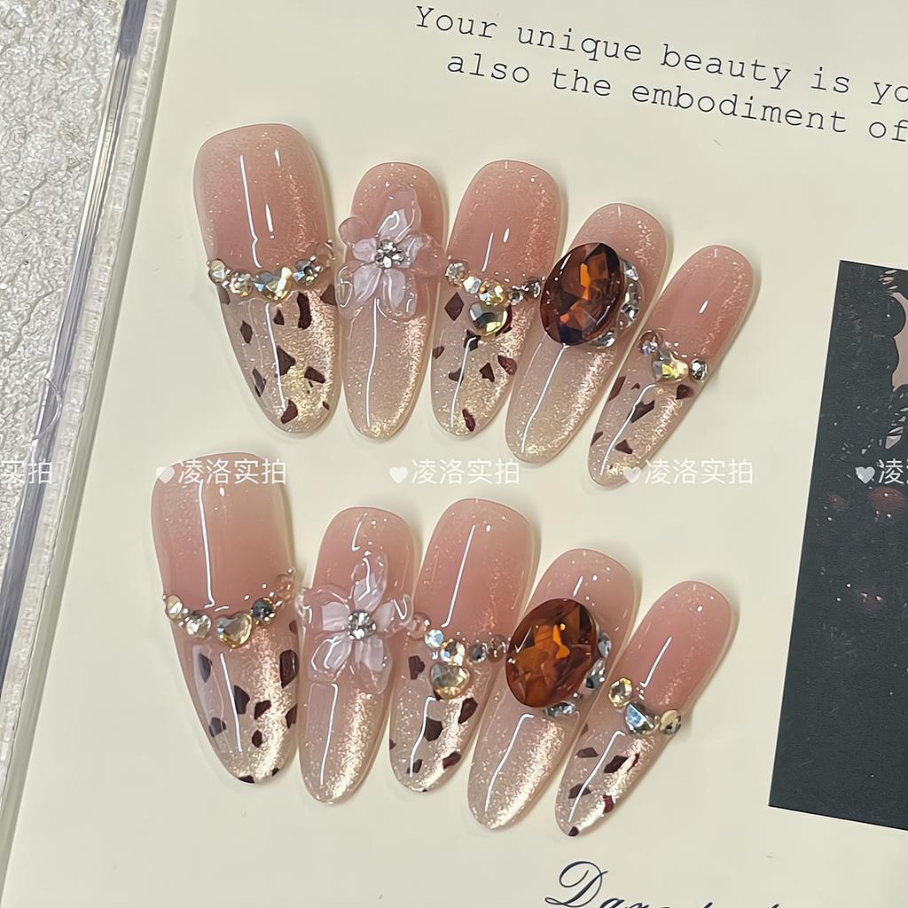 Press on Nails Cat Eye Fake Nails with Glitter Design Artificial Acrylic Nails Glossy False Nails Full Cover Stick on Nails Glue on Nails for Women