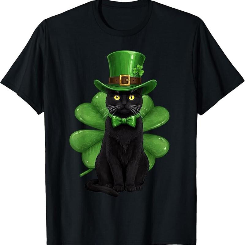 T-Shirt noir pour amoureux des chats irlandais, chat Shamrock, St Patricks Day S