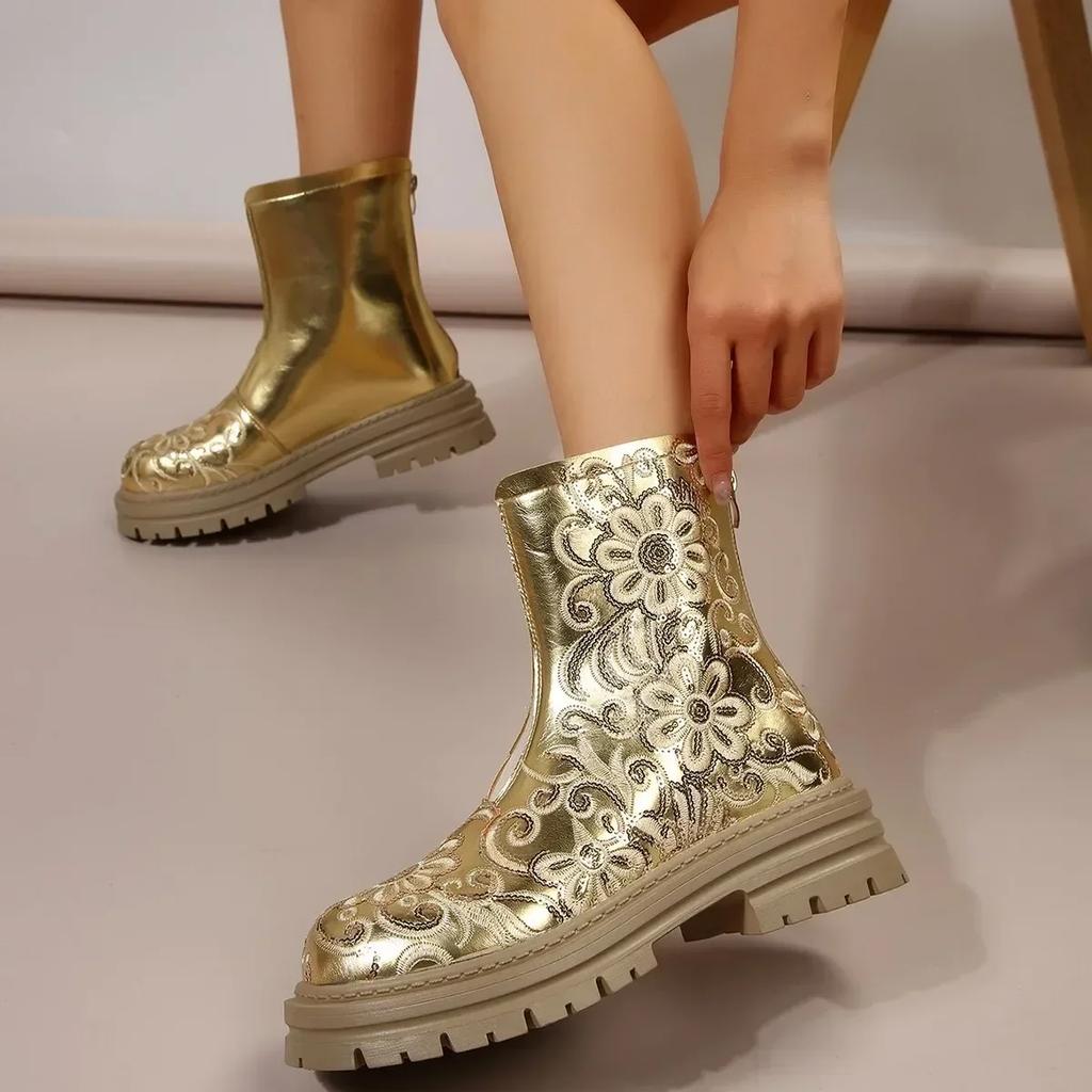Fashion Silver Gold Punk Thick Sole Ankle Boots Women's Gothic Platform Motorcycle Boots Woman Luxury Embroidery Cowboy Boots 2024