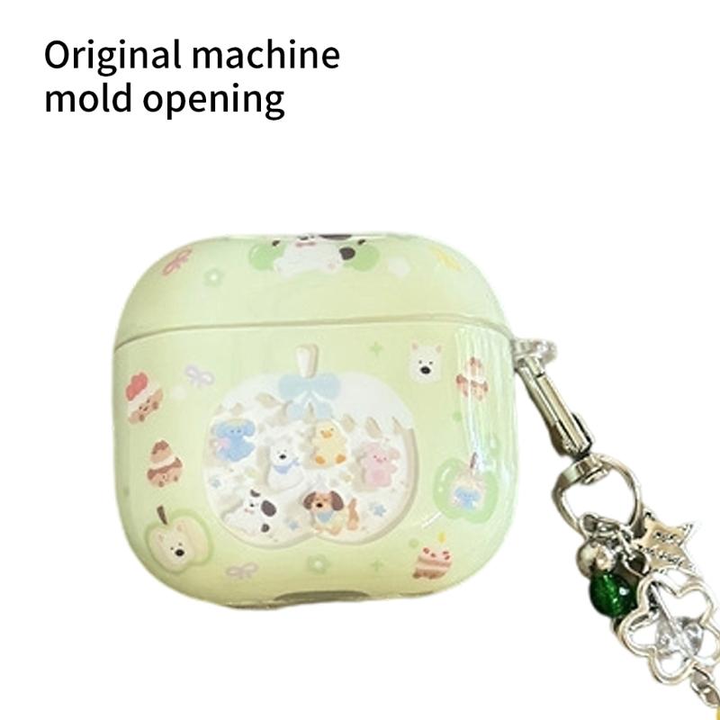 Cartoon Green Design Protective Case For AirPods4 Earbuds Shell With Detachable Keychain Precise Charging Port Access