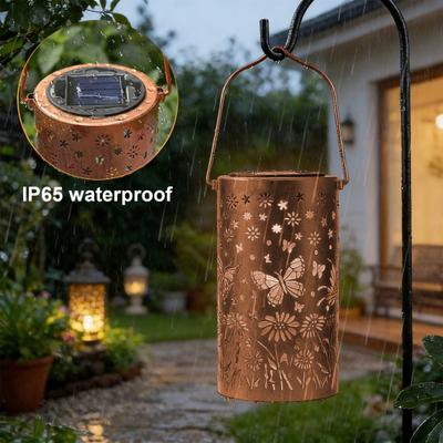 Decorative Garden Lights Solar Powered Outdoor Lanterns Waterproof Metal Floral Pattern Warm Glow Ambient Light for Patio Walkway Decor