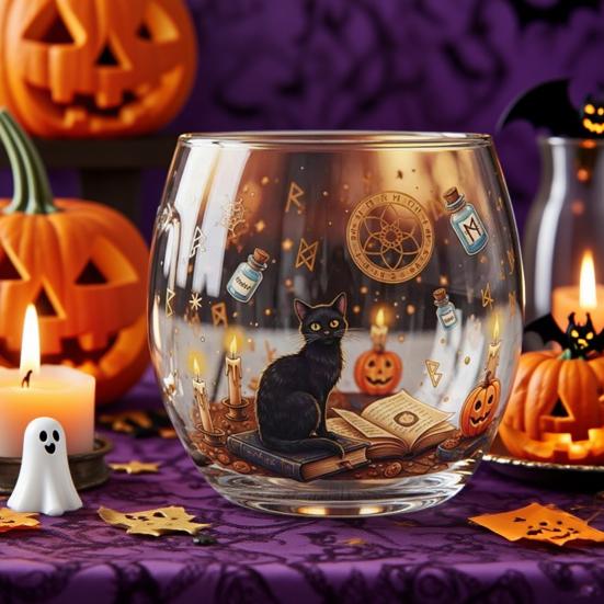 Halloween Painted Glass Mug Spooky Black Cat & Pumpkin Pattern
