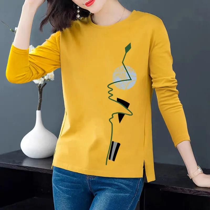 

Весняні кольорові футболки з принтом метеликів Сорочки з низом з довгими рукавами Жіночий бавовняний пуловер Повсякденна сорочка з розрізами XXXL жовтий