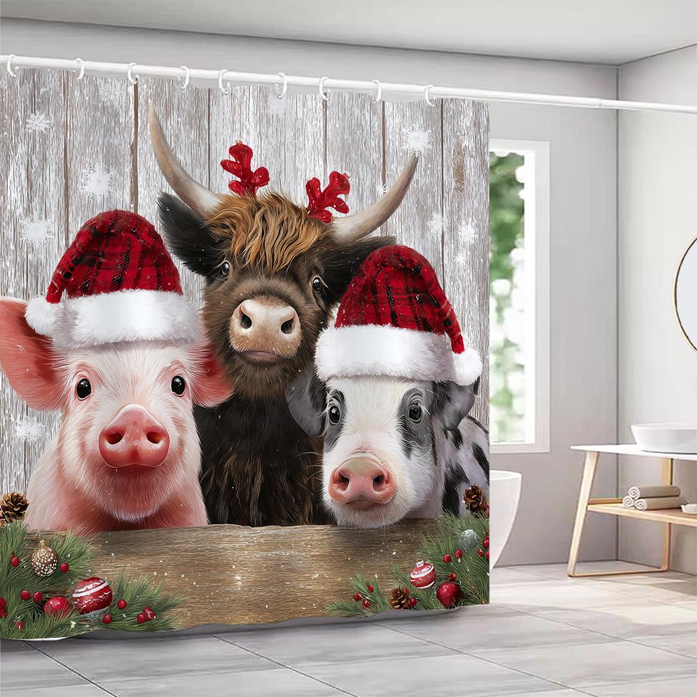 Christmas Shower Curtain, Bathroom Decorative Christmas Highland Cattle Shower Curtain, Waterproof Shower Curtain with Hooks
