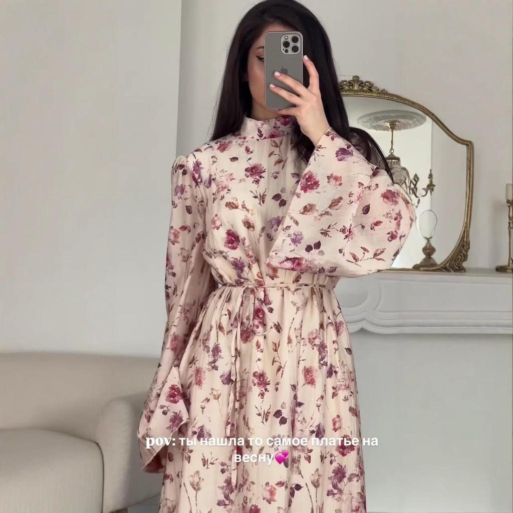 Rochie lungă franceză slim fit cu guler semi-înalt și mâneci evazate, cu imprimeu floral, pentru femei, Toamna 2025