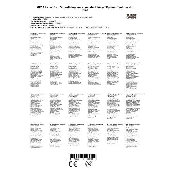 Superliving Lampe à suspendre en métal "Dynamo" mini matt mint