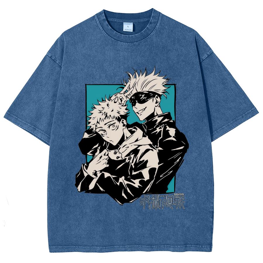 Anime Jujutsu Kaisen Satoru Gojo And Itadori Yuji Print T Shirt Men Women Y2k T-shirts Washed Cotton Tee Harajuku Male Tshirt