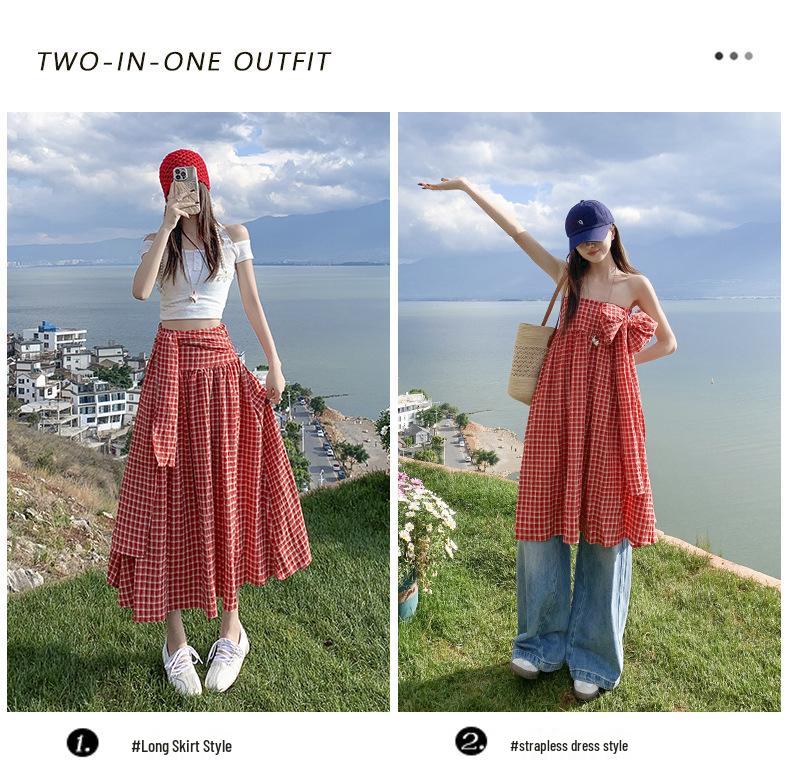American Trendy Spicy Girl: Versatile Plaid Pleated Long Skirt + Strapless Plaid Umbrella Top
