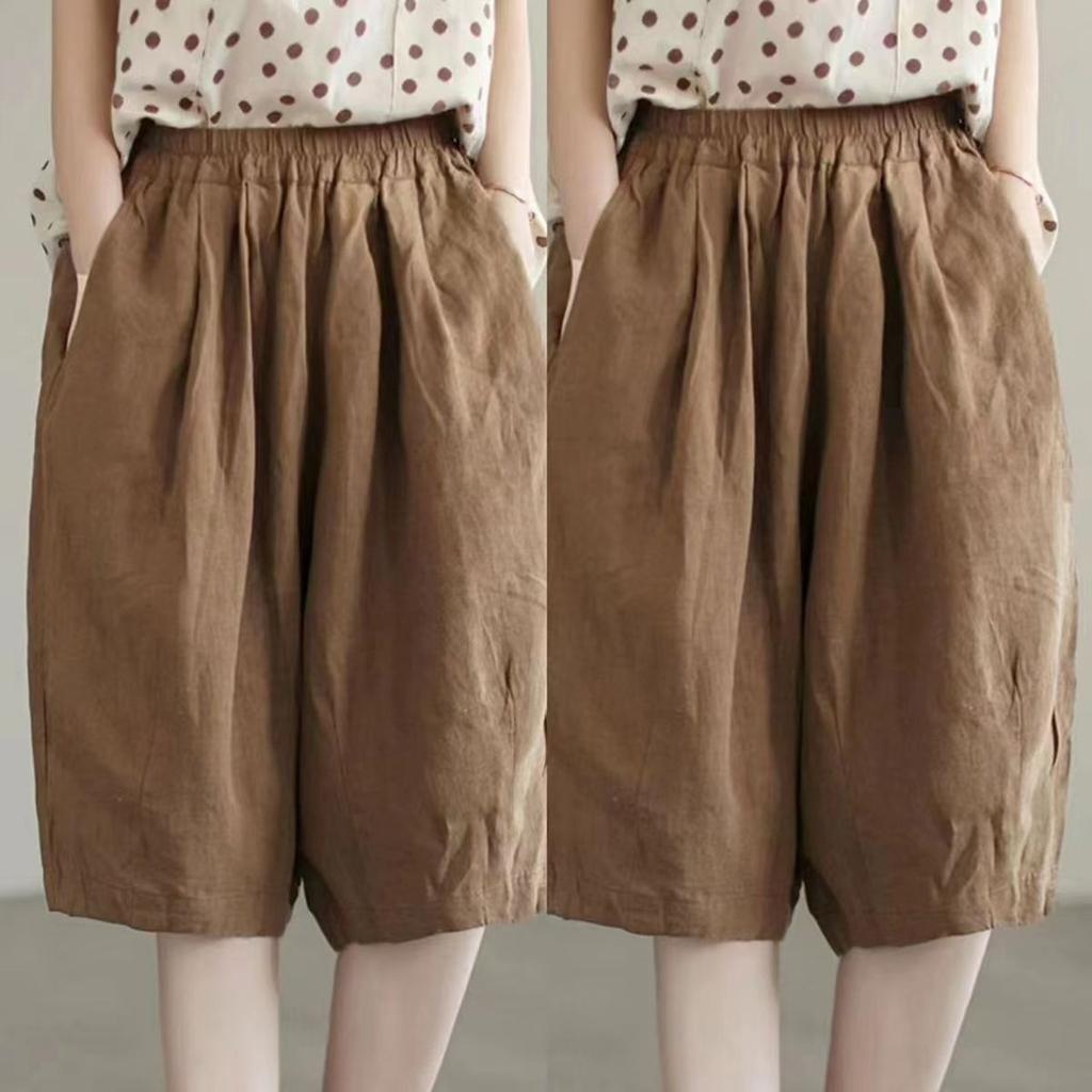 Women's Fashion Casual Loose Solid Colour High Waisted Elastic Waisted Haren Five Points Pants