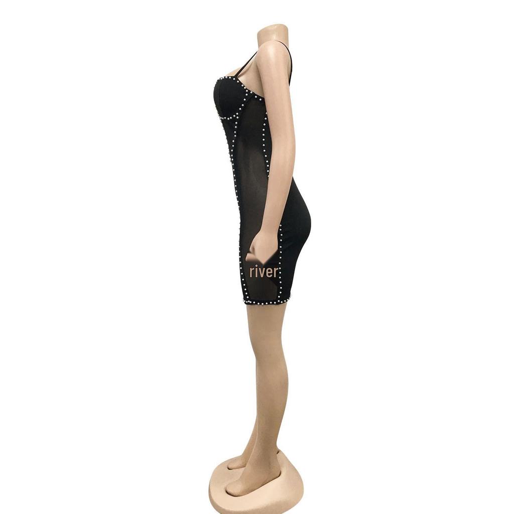 X5047 European-American Fashion Spaghetti Strap Mesh Bodycon Dress