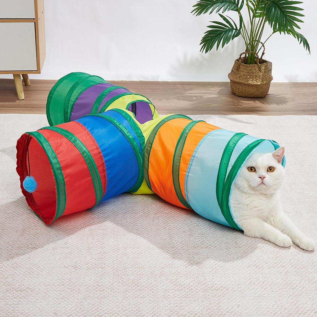 Katzenröhren und Tunnel Faltbares 3-Wege interaktives Spielzeug T-förmiger Katzentunnel Spielzeugröhre für Kätzchen Welpen kleinen Hund Haustier drinnen spielen