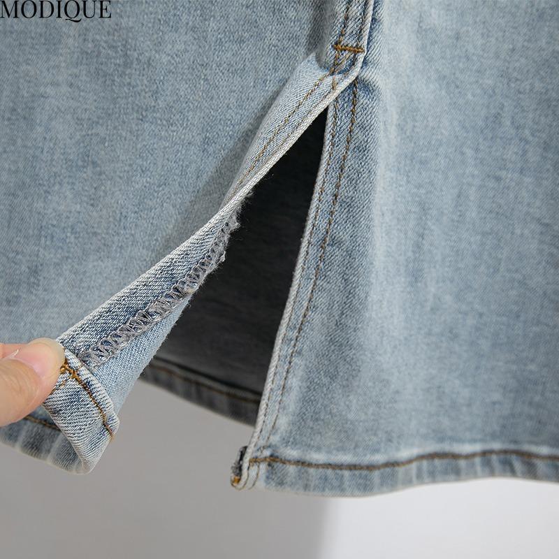 MODIQUE 2025 Neu Übergröße Sommer Damen Lässig A-Linie Hohe Taille Hüftumspielend Blau Denim Auswaschung Rock Damen Locker Basic MIDI Kleid