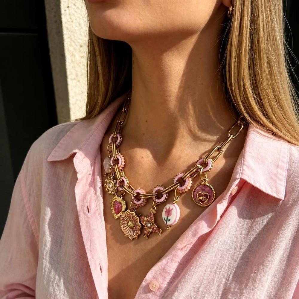 Adjustable Handmade Pendant Necklace Pink Enamel Boho Jewelry Elegant Multi Charms Necklace Women