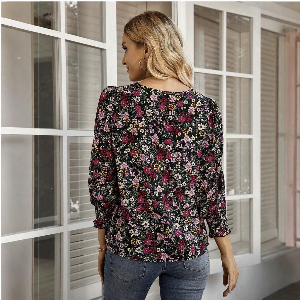 European and American Floral Lantern Sleeve Top V-neck Loose Short Pastoral Commuting Floral Thin Retro Shirt