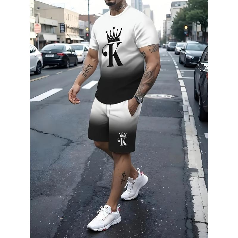 Summer Men's Stripe Letter Print Short Sleeve Top Shorts 2 Pieces Set Oversized Loose Round Neck T-shirt Man Drawstring Shorts