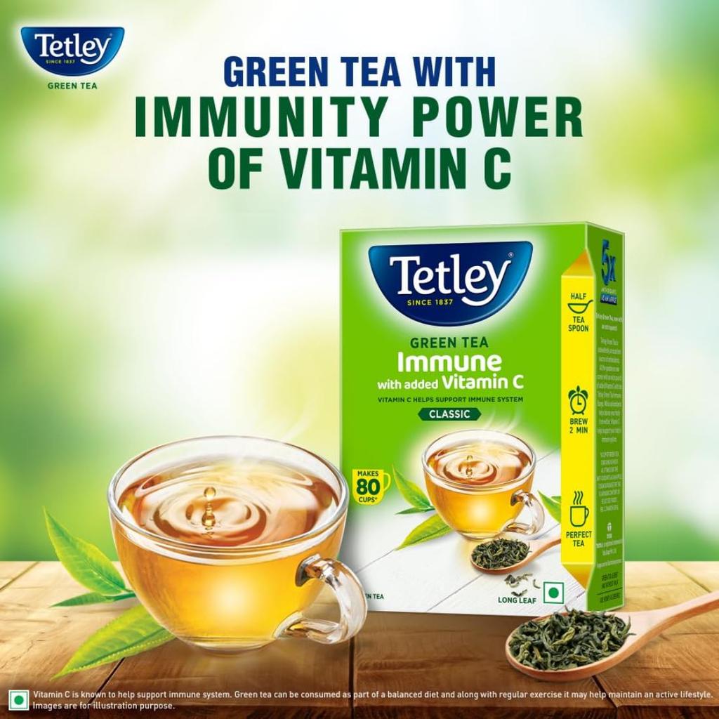 Tetley Loose Green Tea Leaves Classic Flavour 100g Pack With Vitamin C Boost, 80 Cups, Smooth Long Leaf, High Antioxidant Refreshing Tea