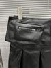 2025 A/W Black Pleated Leather Skirt with Detachable Velcro Pockets & Patchwork A-line Design