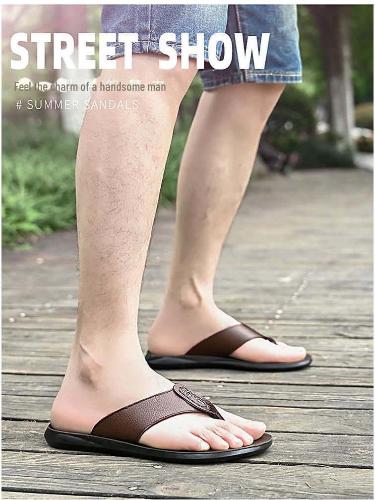 Men's Genuine Leather Summer Flip Flops - Breathable Non-Slip Beach & Casual Home Sandals