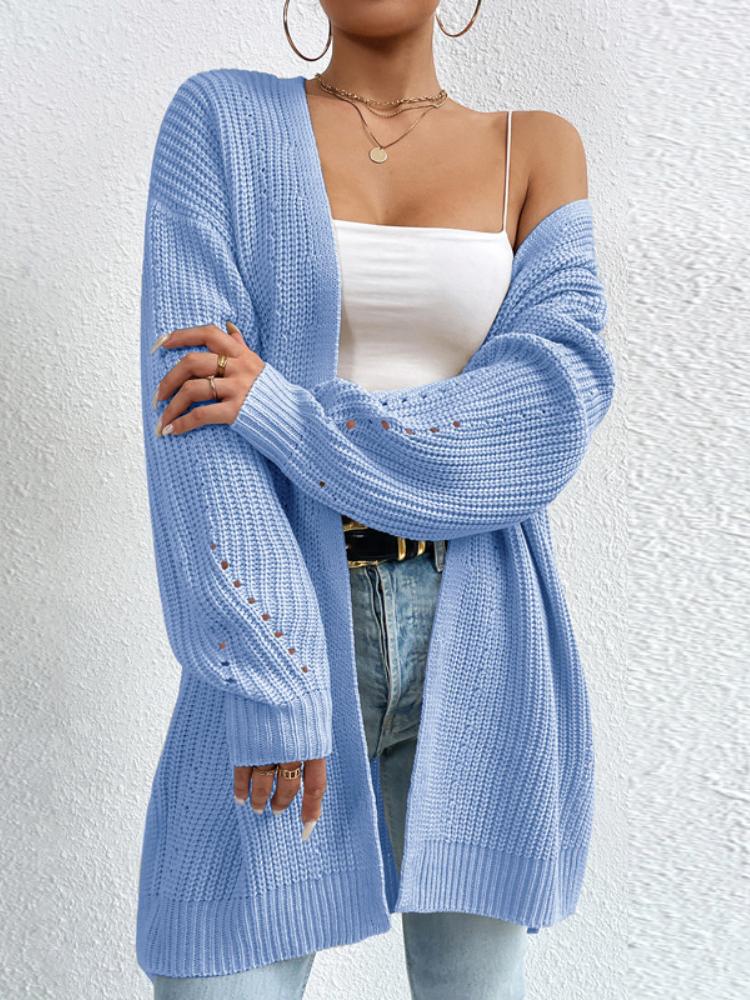Autumn and Winter Loose Mid Length Sweater Jacket Knitted Cardigan V-neck Solid Color Knitted Sweater S синий