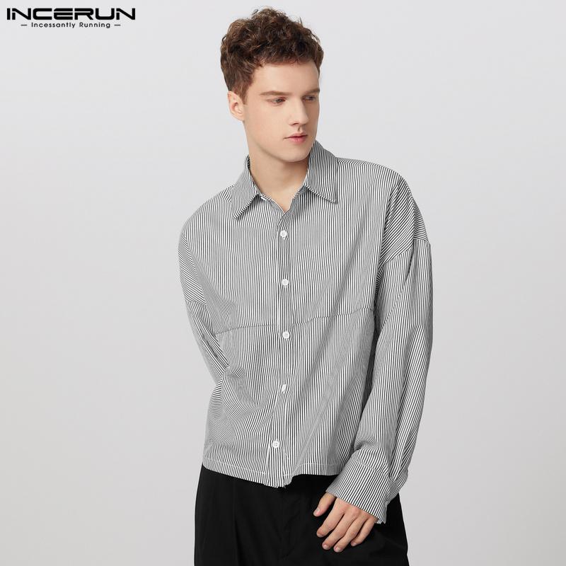 INCERUN Men Lapel Neck Long Sleeve Striped Casual Buttons Up Shirts