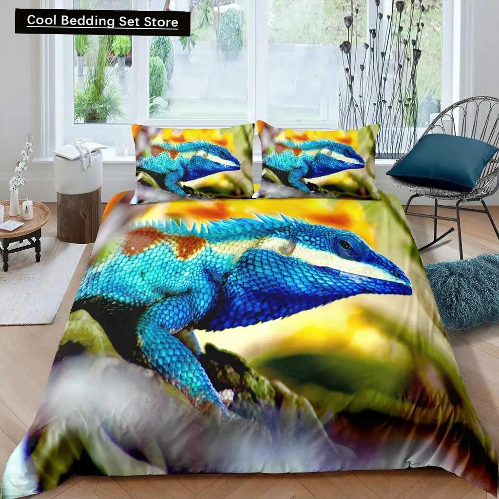 Kameleon Zestaw Poszwy na Kołdrę Motyw Dzikich Zwierząt 3D Zestaw Pościeli na Łóżko Pojedyncze Poszwa na Kołdrę Dzikiej Przyrody Chłopcy Zielony Liść Poliestrowa Poszwa na Kołdrę