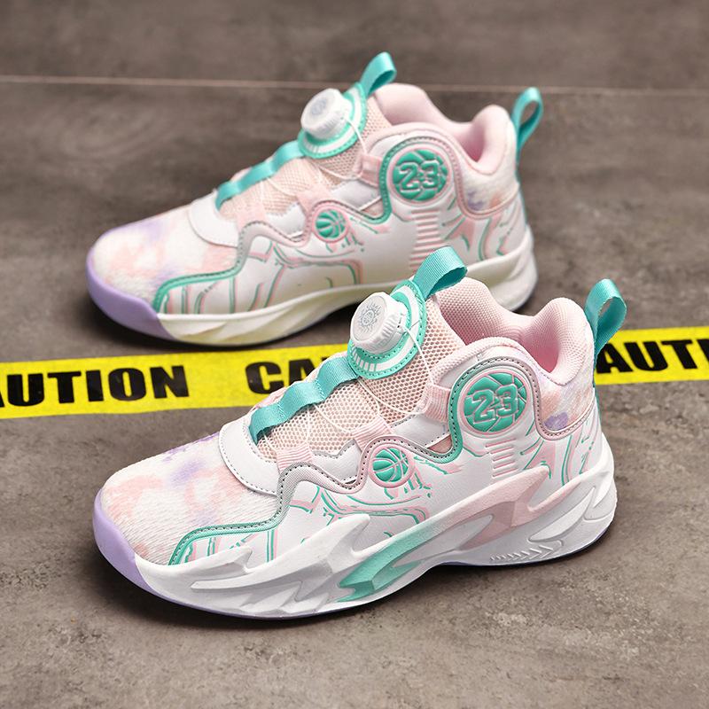 Net Shoes Spring and Autumn Actual Combat Boys Basketball Shoes Rotating Button Training Sneakers Running Shoes 6-12 Years Old
