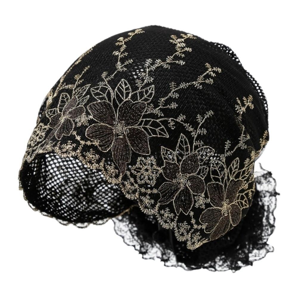 Soft Elastic Curly Hair Hat Embroidered Flowers Elderly Beauty Cap  All-match
