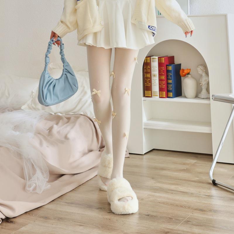 Pure Desire White Velvet Bow Silk Lolita Stockings with Pearl Butterfly One Size