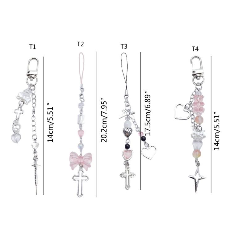 Beaded Wrist Strap Cross Pendant Keyring Hollow Heart Bead Wrist Strap Y2k