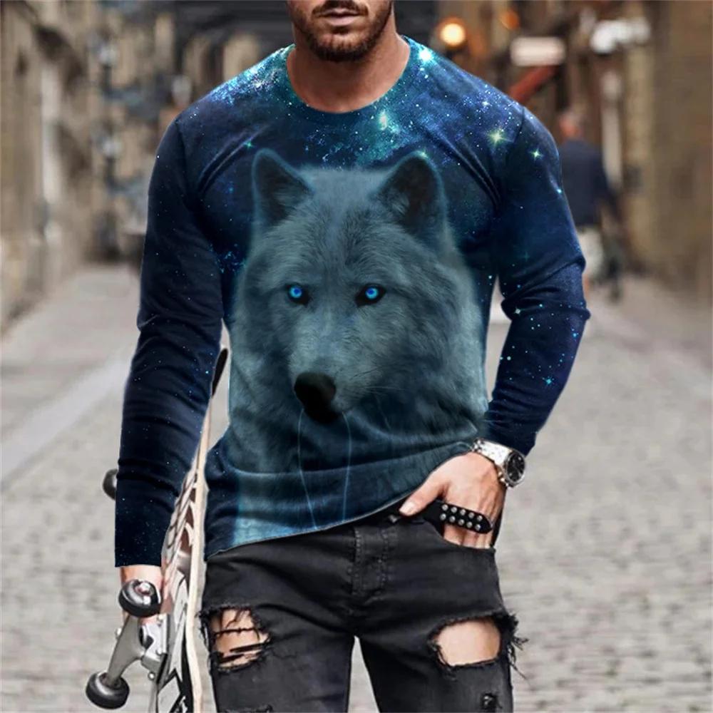 Fashionable New Animal Lion Print Men's O-neck Long Sleeved T-shirt Casual Oversized Pullover Round Neck Comfortable Top