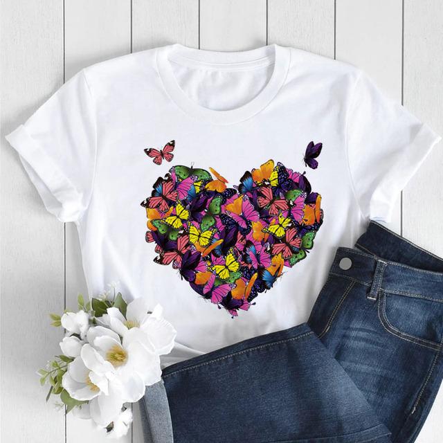Butterfly Love Heart Print T Shirt Women Fashion Black T Shirt Female Short Sleeve Cute Graphic Tee Shirts Ladies Summer Tops