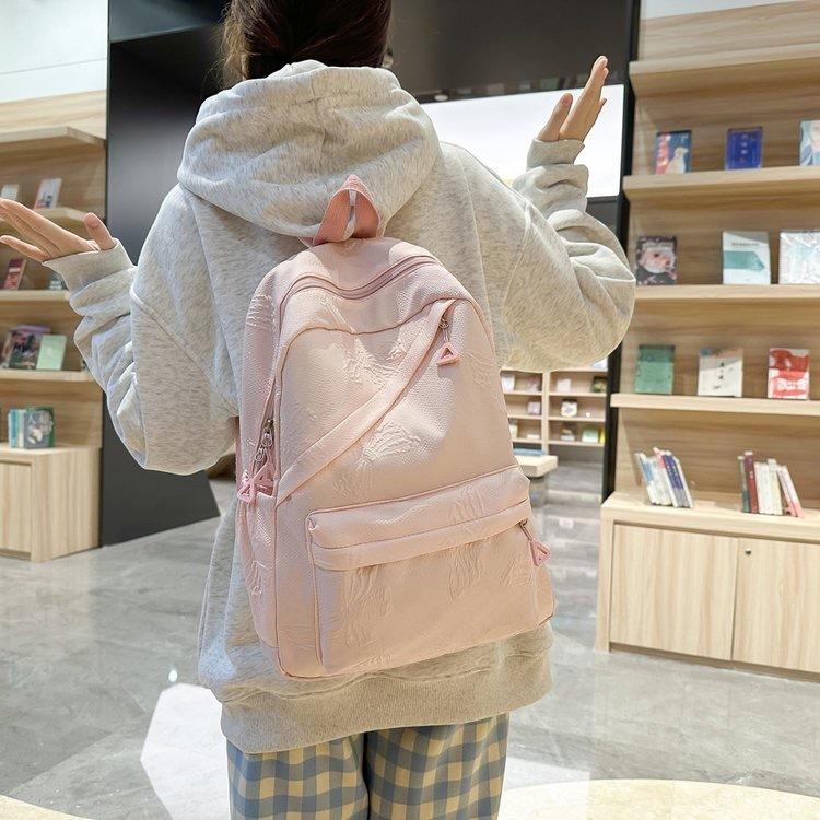 Schoolbag Korean Version Ins Solid Color Simple Backpack Bag Female Sweet Bow Student Schoolbag Fashionable Versatile Casual Backpack