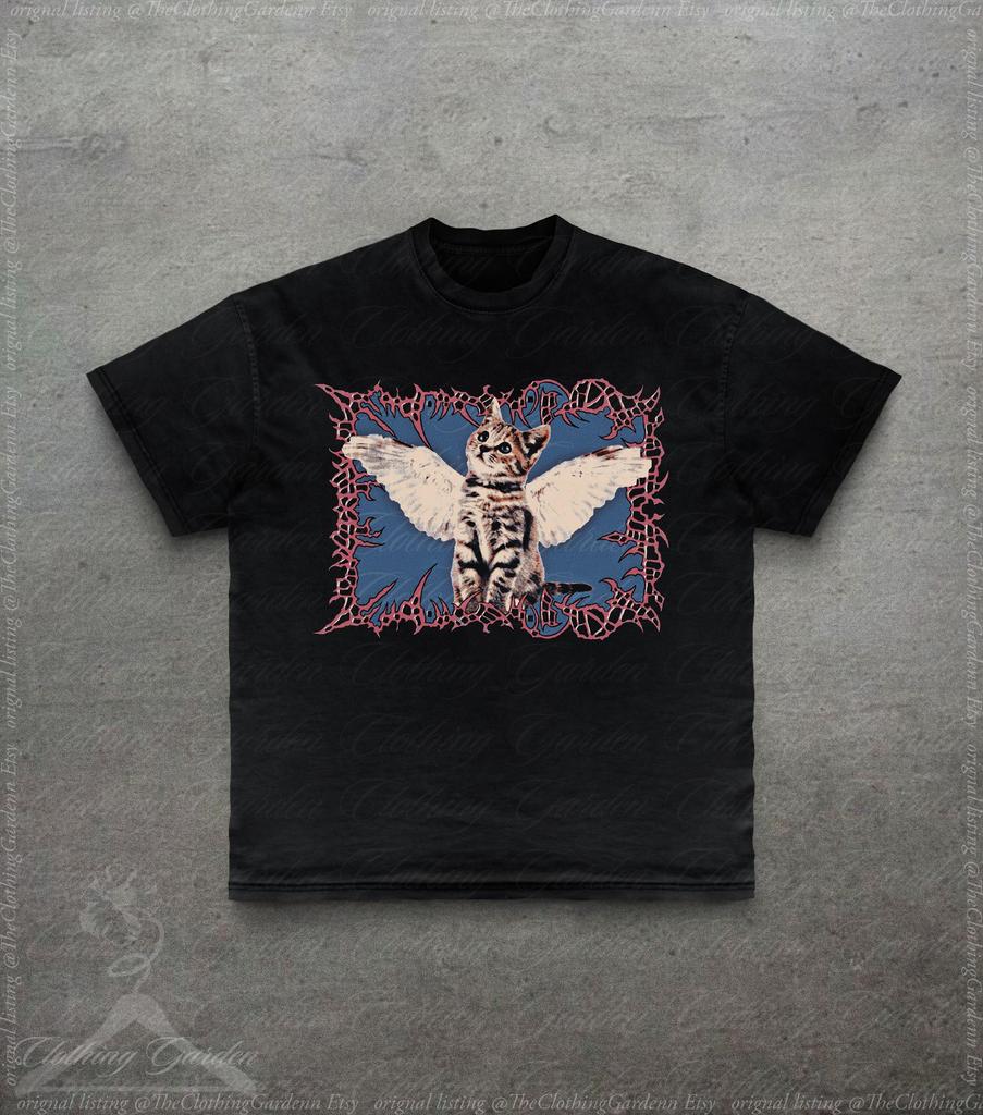 Gothic Cat Graphic Tee, Gifts For Cat Lovers, Cotton Cute T-Shirt for Men Women, Cybersigilism Kitten Wing Shirt, Emo Alt Girl Cat Tshirt