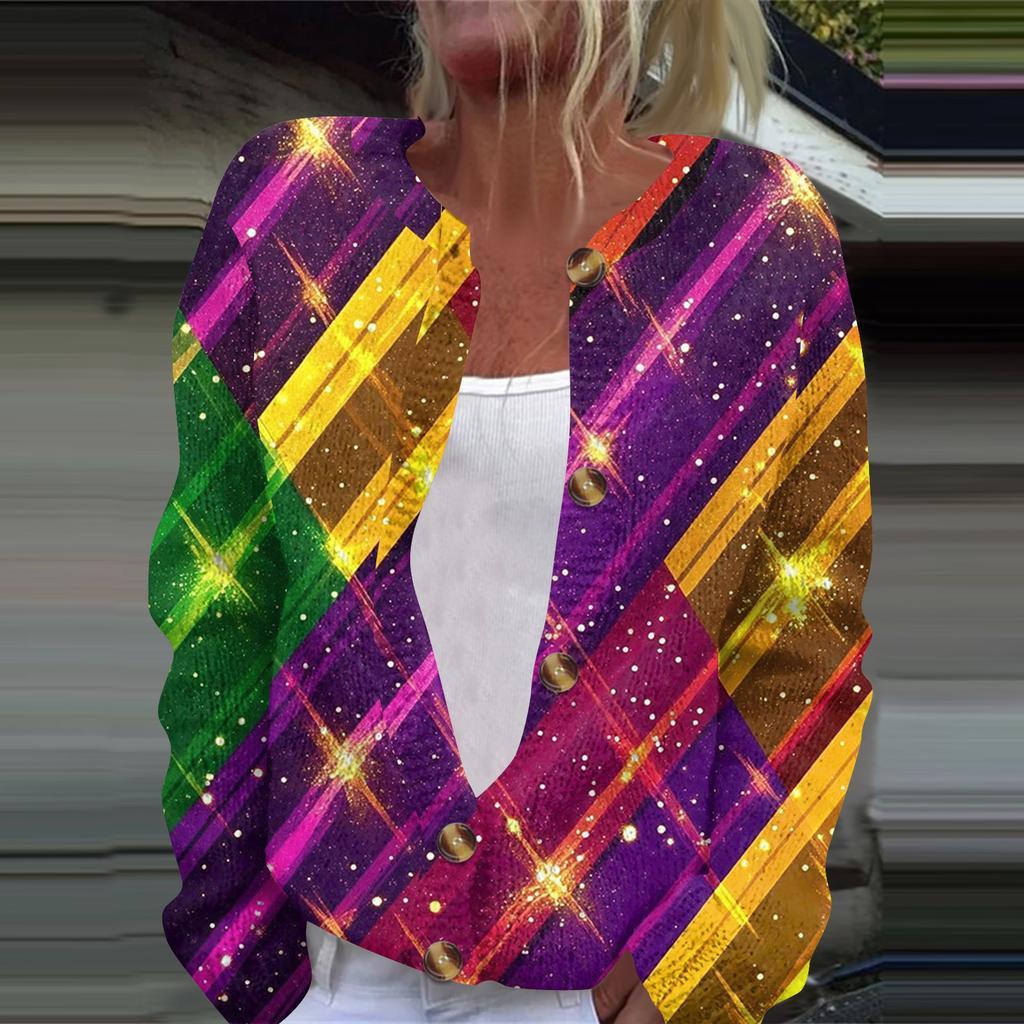 Women's Fashion Printed Long Sleeve Knitted Cardigan Button Down Jacket