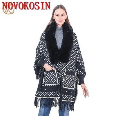2022 Women Fur Collar Knitted Loose Cape Winter Faux Mink Velvet Warm Poncho Batwing Sleeves Cardigan Knitwear Coat With Pocket