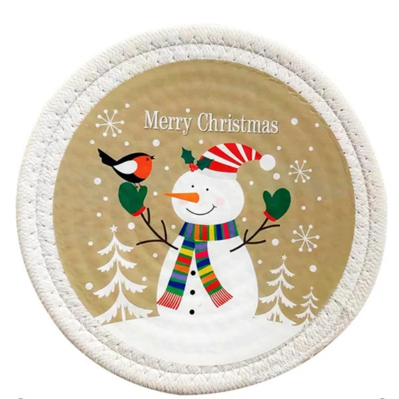 Christmas Printed Round Coasters Elf Snowman Insulated Non-slip  Anti-scald Woven Mat Home and Decoration Kitchen Utensils