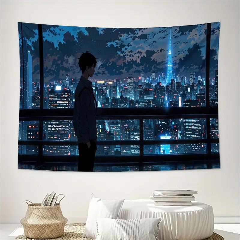 

Anime Boy City Night View Skyline Wall Tapestry Machine Washable All Season Decor Art Print Urban Landscape Design Home nontoxic 74x94cm(29x37in)