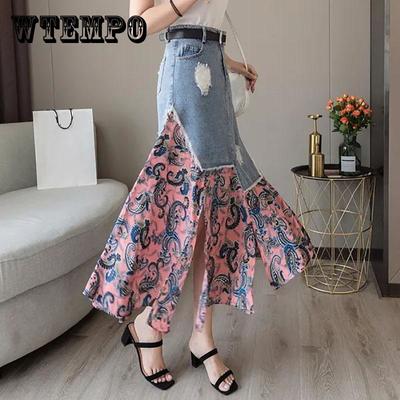 Floral Skirts Womens Medieval Pleated Long Goth Skirt A-LINE Irregular Denim Spliced Chiffon Jean Beach Maxi Skirt Y2k Summer
