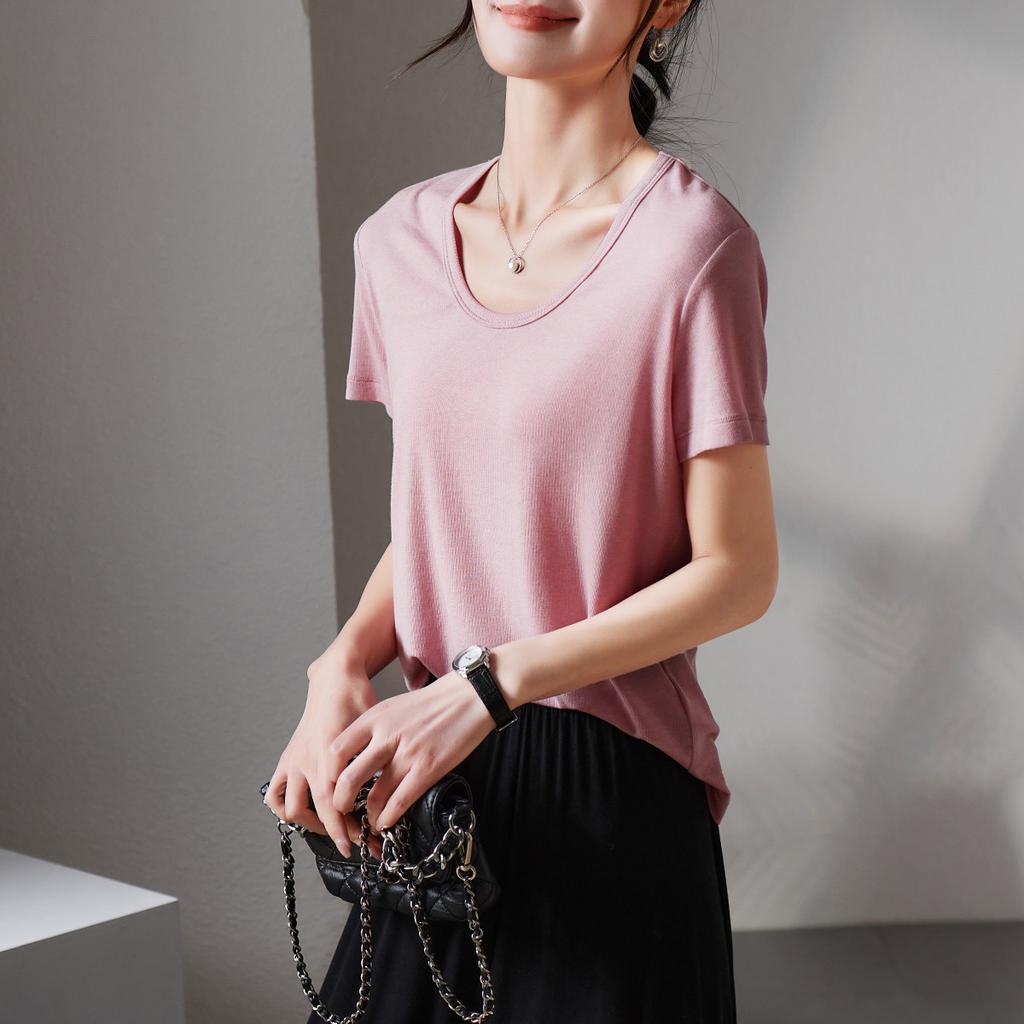 U-neck short sleeved t-shirt for women in summer 2025, fashionable and versatile, slimming solid color casual top