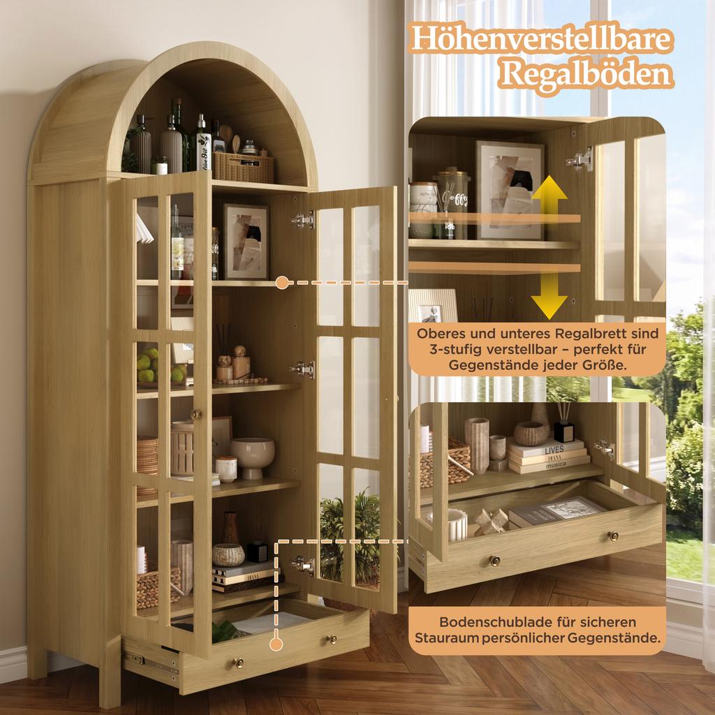 Moderner hoher Schrank in Bogenform mit Einlegeböden und Schublade - Vitrine mit höhenverstellbaren Regalen für Wohnzimmer, Arbeitszimmer, Esszimmer