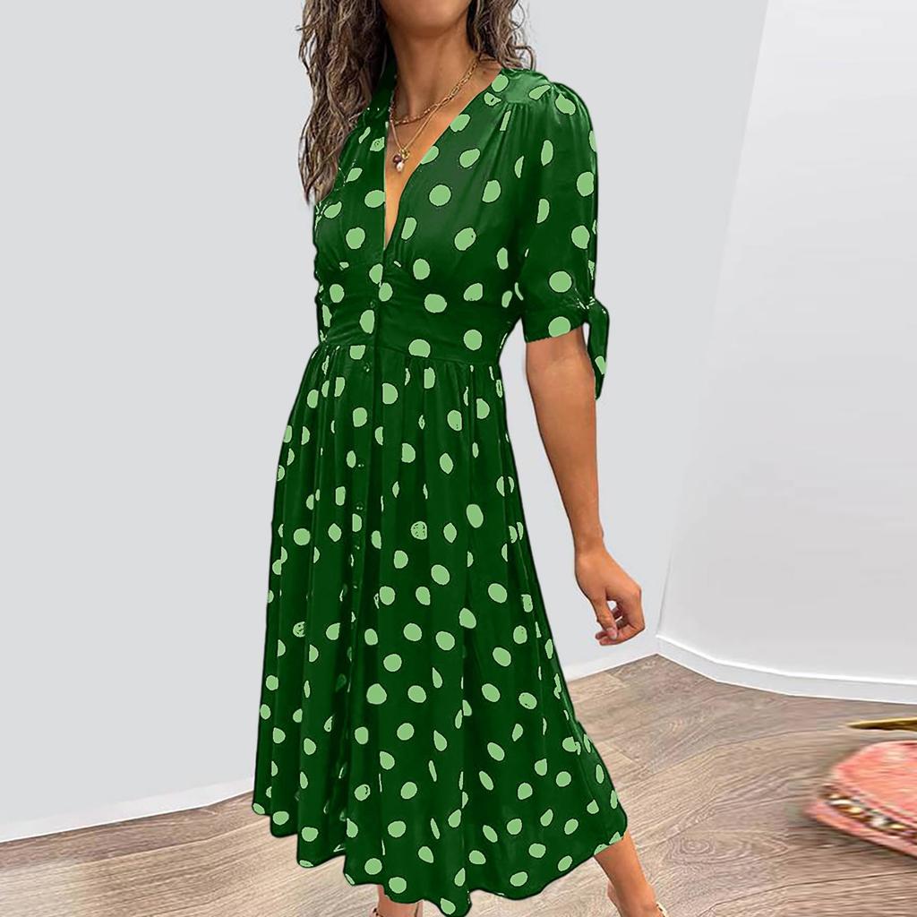 Ladies' Loose Comfortable Casual And Fashionable Summer Deep V-wave Printed Short Sleeved Waist Cinched Dress