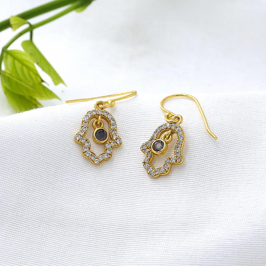 Cercei cu Piatra Prețioasă Iolit Mână Hamsa Bijuterii din Argint Sterling 925, Cercei cu Zirconiu Cubic Placați cu Aur Bijuterii Femei Cadou Bijuterii Handmade Pentru Ea
