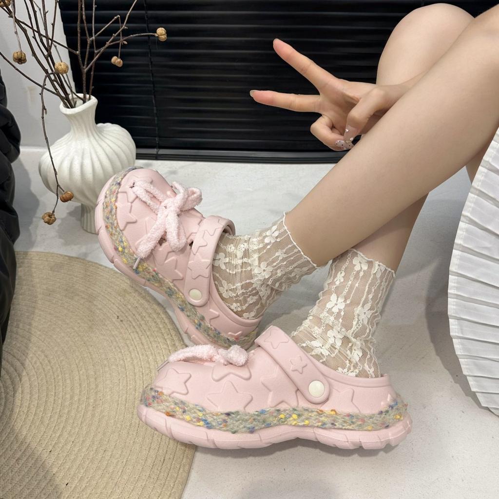 Fashion Platform Fairy Wind Bow Hole Shoes Girl Heart Cute Beach Cool Slippers 2025 Summer New