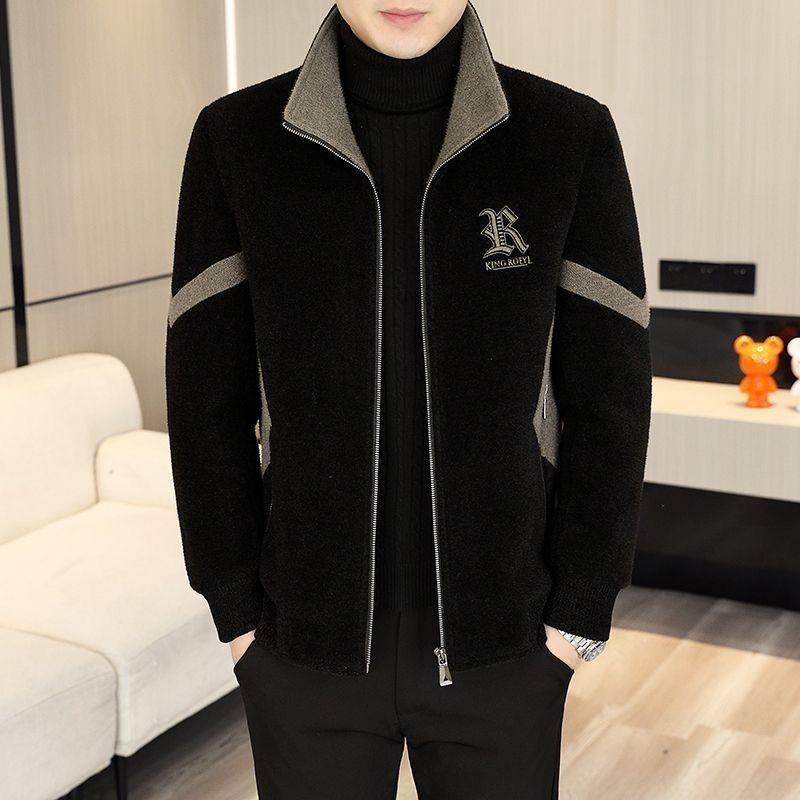 Men s Fleece-Lined Woolen Patchwork Jacket - Versatile & Trendy for Spring, Autumn, Winter XL чёрный